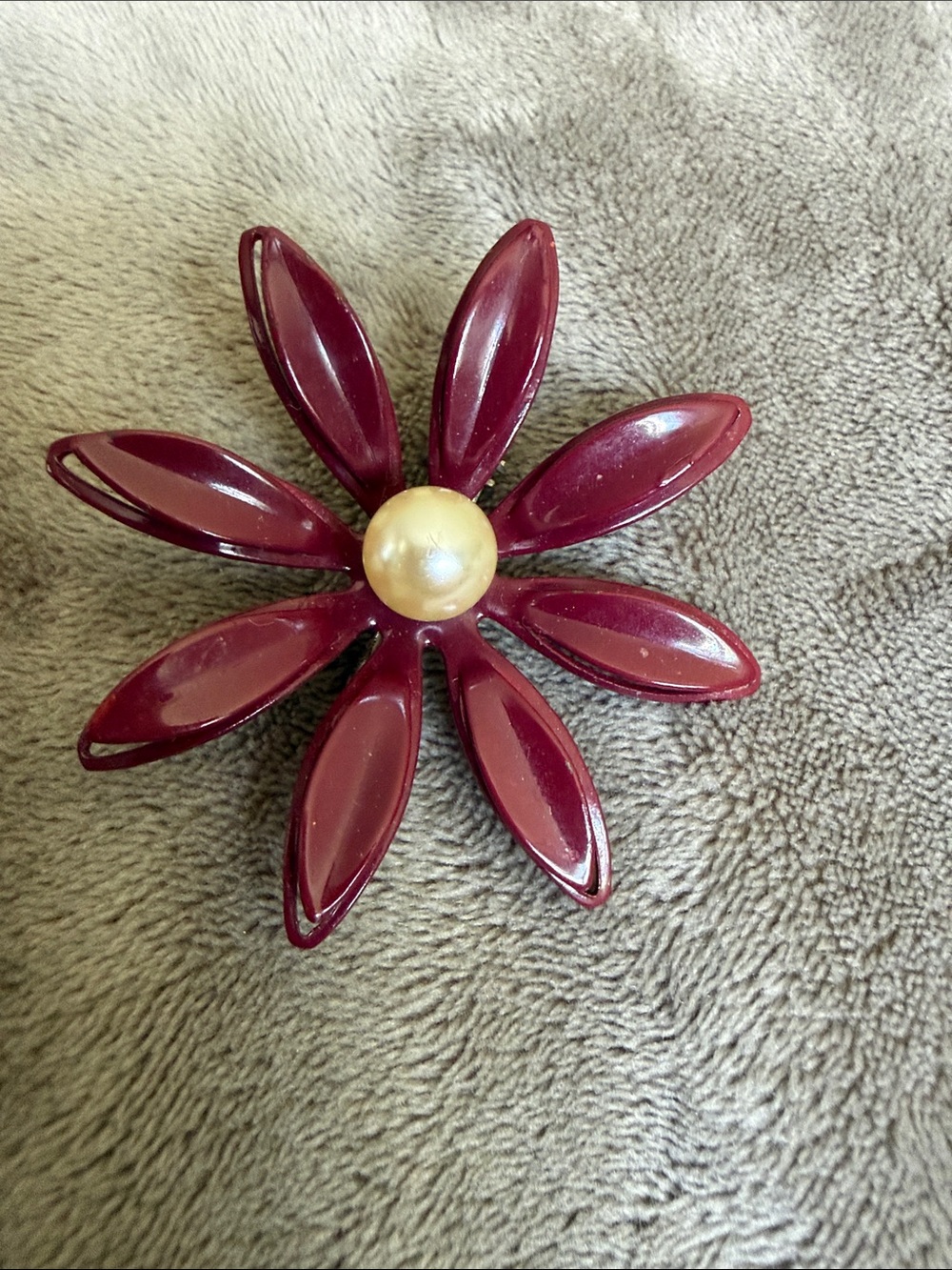 Vintage Burgundy Flower Brooch with Pearl Center - Women's Jewelry